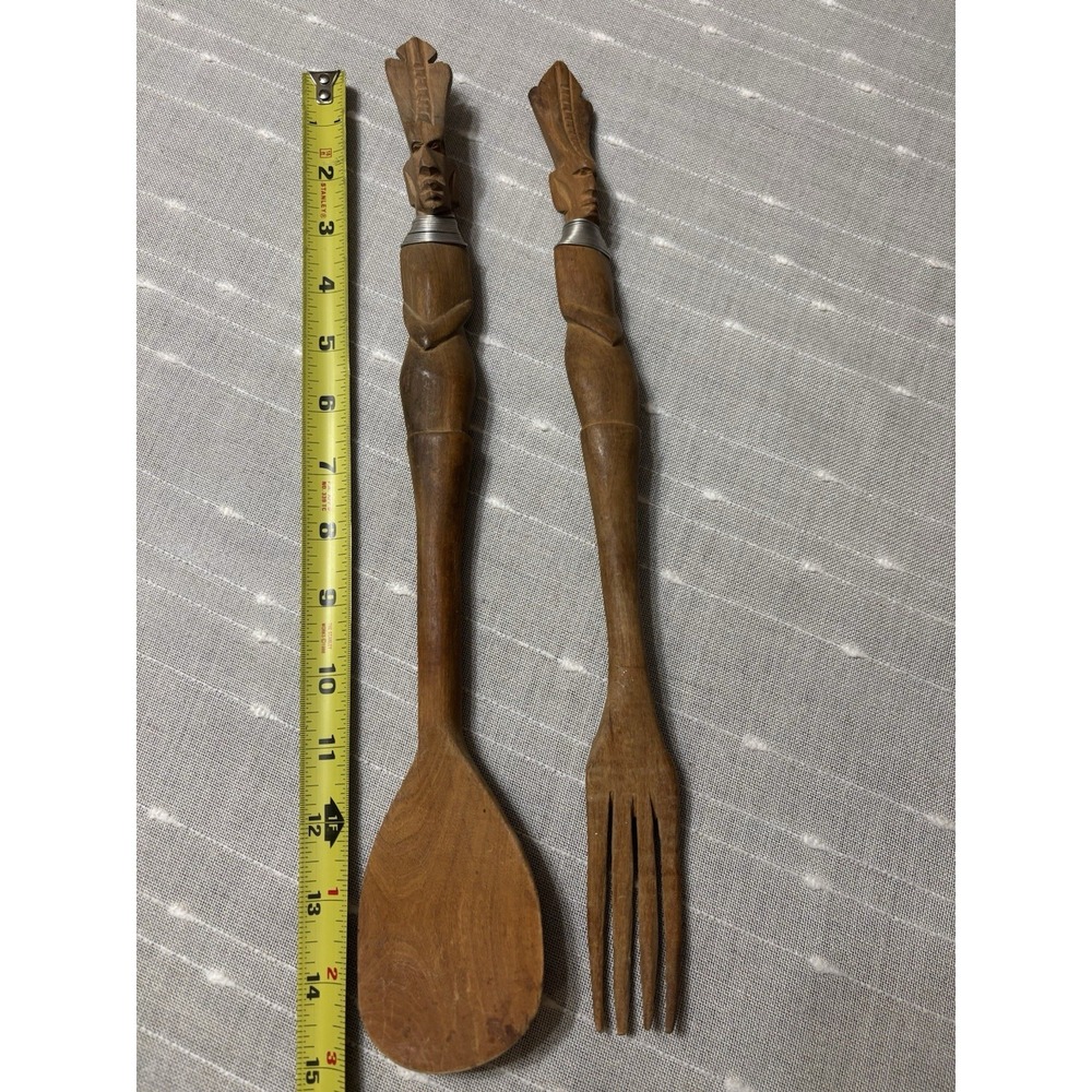 Vintage African Serving Set Fork Spoon Hand Carved Wood Wire Handle
